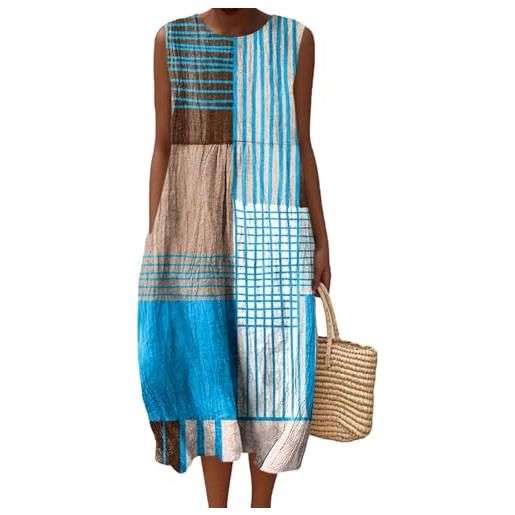 Mfhmom vestito estivo donna in mussola di cotone senza maniche abito boho in lino con stampa floreale lunghezza al ginocchio leggero e traspirante a-linea abito casual con tasche per spiaggia e tempo libero