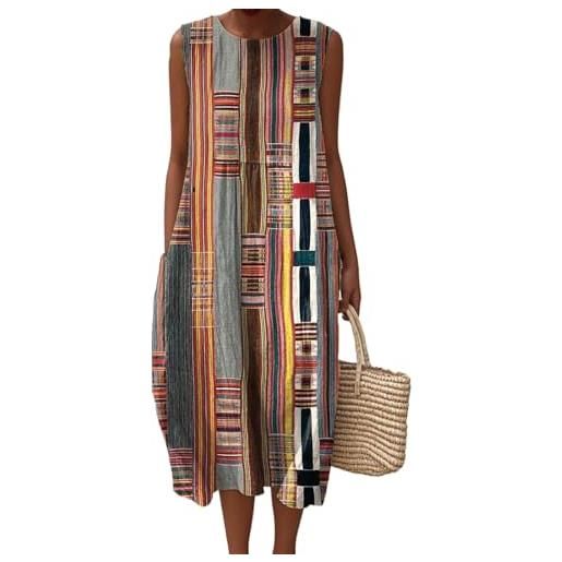Mfhmom vestito estivo donna in mussola di cotone senza maniche abito boho in lino con stampa floreale lunghezza al ginocchio leggero e traspirante a-linea abito casual con tasche per spiaggia e tempo libero