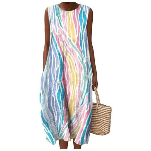 Mfhmom vestito mussola donna con pieghe in lino abito estivo boho con scollo rotondo leggero e traspirante lunghezza al ginocchio abiti da spiaggia in cotone stampato senza maniche vestiti estivi a linea a