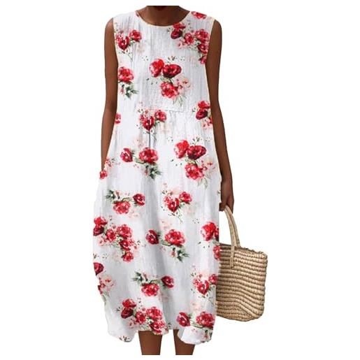 Mfhmom vestito mussola donna con pieghe in lino abito estivo boho con scollo rotondo leggero e traspirante lunghezza al ginocchio abiti da spiaggia in cotone stampato senza maniche vestiti estivi a linea a