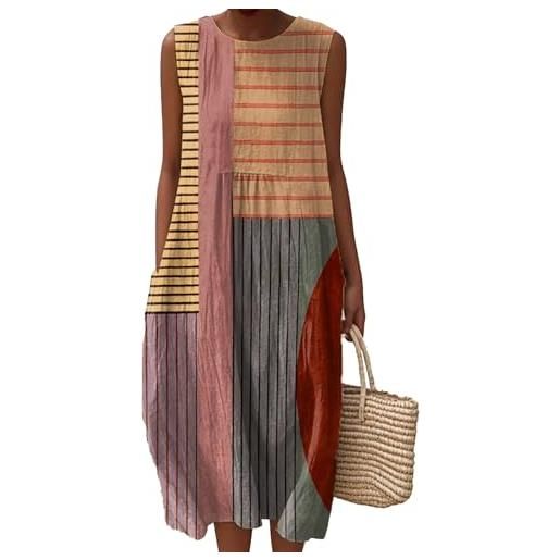 Mfhmom vestito mussola donna con pieghe in lino abito estivo boho con scollo rotondo leggero e traspirante lunghezza al ginocchio abiti da spiaggia in cotone stampato senza maniche vestiti estivi a linea a