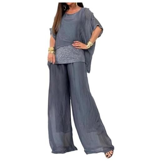 Set Due Pezzi Donna SYLVACHIC - Camicia E Pantaloni Lino Gamba Larga, Taglia Unica | Casual Elegante