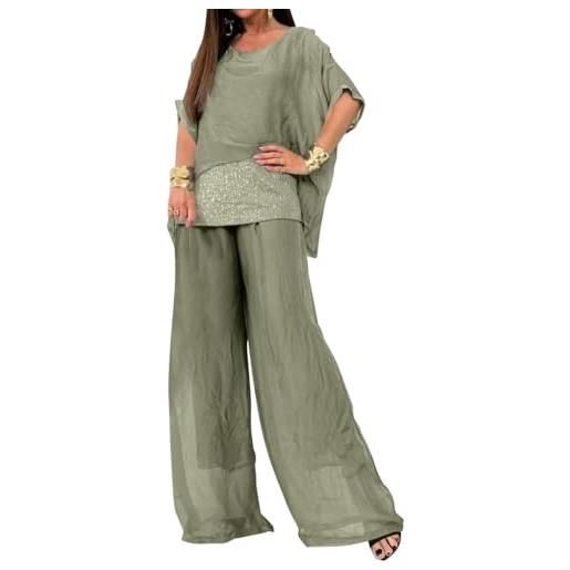 Goolecrimp set di camicetta in chiffon a due pezzi tinta unita vintage elegante da donna e pantaloni a vita alta set abito da sera in tulle set di pantaloni per feste in costume da festa (grigio, xxl)