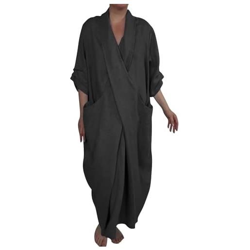 KonJim maxi abiti da donna in cotone e lino con maniche a 3/4 casual con scollo a v abito lungo caftano taglie forti abito avvolgente premaman increspato con tasche oversize estate fluida boho abiti