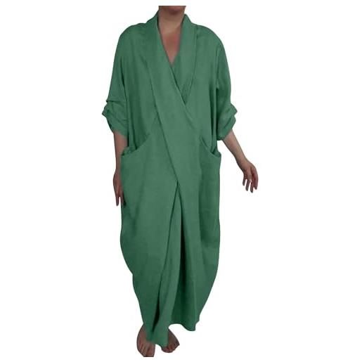 KonJim maxi abiti da donna in cotone e lino con maniche a 3/4 casual con scollo a v abito lungo caftano taglie forti abito avvolgente premaman increspato con tasche oversize estate fluida boho abiti