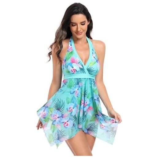Greabuy costume da bagno da donna con scollo a v, costume da bagno da donna con stampa floreale, controllo della pancia, con gonna, verde (lake green), l