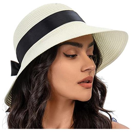 S.ROMZA sun cappello di paglia per le donne con cordino a vento ampio brim pieghevole beach cappelli donna uv 50 + protezione viaggi cappello estivo visiera cappello nodo di prua (beige)
