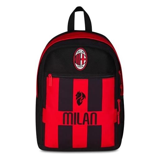 Seven milan zaino doppio scomparto, rosso e nero, squadra calcio, tasca frontale con zip e tasca per borraccia, bambino, scuola elementare