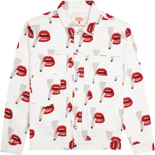 Emotionally Unavailable giacca denim con stampa smoking lips - bianco