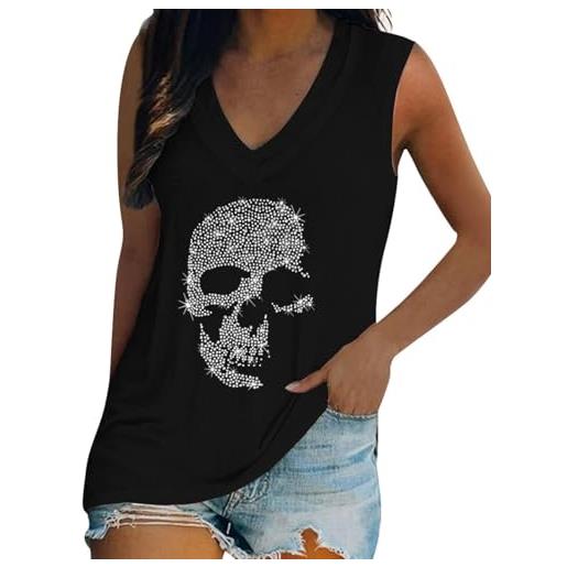 Fronage canottiera da donna con teschio con strass, scollo a v, senza maniche, senza maniche-nero, s