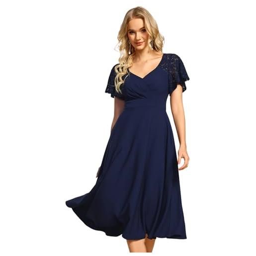 Ever-Pretty vestito donna elegante con maniche corta e scollo a v midi abito cerimonia donna eleganti elasticità cocktail blu navy 40
