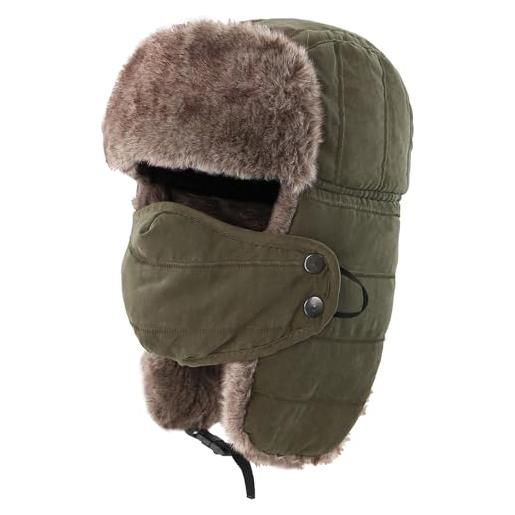 bomhys cappello uomo cappello da trapper grosso caldo da uomo cappelli russi invernali antivento rimovibili con maschera colbacco, verde militare, 55-60cm