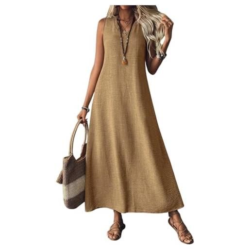 Generico abiti in lino per donna 2025, abito lungo senza maniche con scollo a v, abiti estivi casual, lunghi e fluidi, per le vacanze al mare (white, xxl)