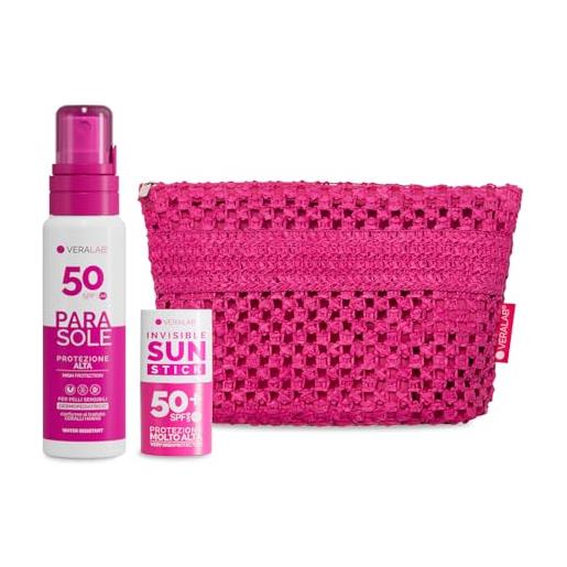 Veralab kit solari protezione completa, invisible sun stick solare spf50 + parasole spf50 100ml + pochette mare - kit esclusiva amazon