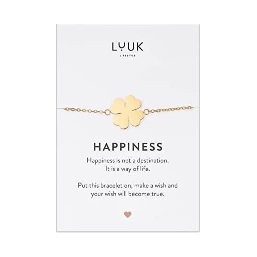 LUUK LIFESTYLE bracciale con pendente a quadrifoglio, gioielleria ragazza, acciaio inox, oro