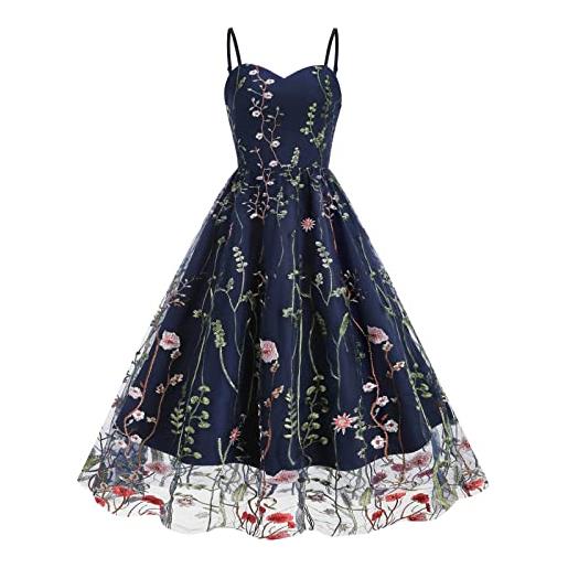 BFSWL abito da cocktail da donna, elegante, in tulle, con motivo ricamato, con spaghetti, rockabilly, abito da sera estivo, in rete, blu marino, m