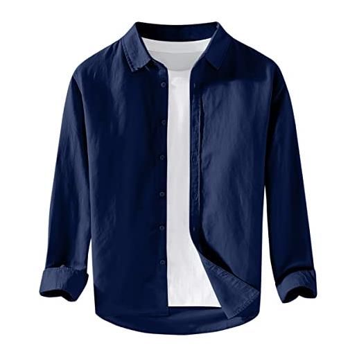 Camicia Henley Uomo Maniche Corte, Morbida In Cotone Con Bottoni A Contrasto, Taglie Forti, Bianco XL