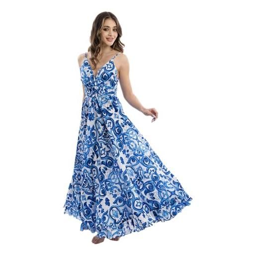 DIVINA vestito lungo donna, 100% cotone, scollo a triangolo, stampa limoni, spalline regolabili - vest 174 - s02 (it, testo, taglia unica, regular, regular, design 16)