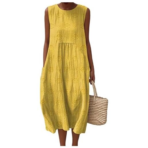 Mfhmom abito donna estivo in lino e mussola stile boho vintage con scollo rotondo senza maniche vestito a fiori casual morbido e leggero lunghezza al ginocchio a-linea abito da spiaggia con tasche