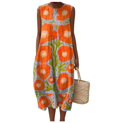 Mfhmom abito donna estivo in lino e mussola stile boho vintage con scollo rotondo senza maniche vestito a fiori casual morbido e leggero lunghezza al ginocchio a-linea abito da spiaggia con tasche