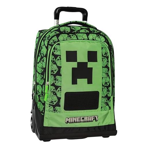Franco Cosimo Panini minecraft - zaino scuola trolley ufficiale minecraft, ruote sostituibili, maniglia regolabile, 2 vani, tasca frontale, schienale e fondo termoformati, spallacci imbottiti regolabili, 36x47hx23cm