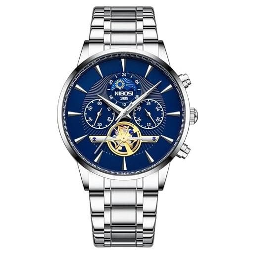 Orologio da uomo cronografo con fasi lunari luminescenti, classico, elegante, casual, business, oro rosa, cinturino in pelle nera, numeri romani, orologio da polso da gentiluomo - Italia