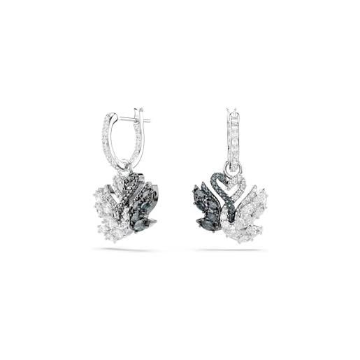 Swarovski orecchini pendenti swan, cigno, neri, mix di finiture