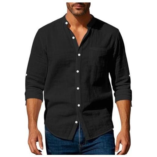 Volemo camicia lino uomo maniche lunghe camicie collo mao con tasca spiaggia shirt grigio l