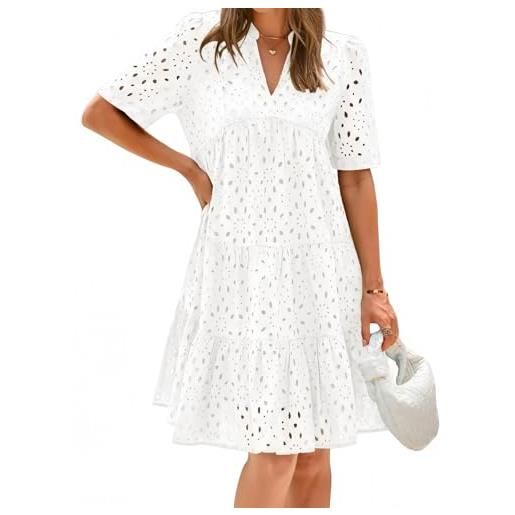 RWGSNB abito da donna elegante, vestito estivo donna elegante con scollo v in pizzo traforato manica corta lunghezza al ginocchio midi casual fluido a trapezio dress spiaggia per tutti i giorni vaca