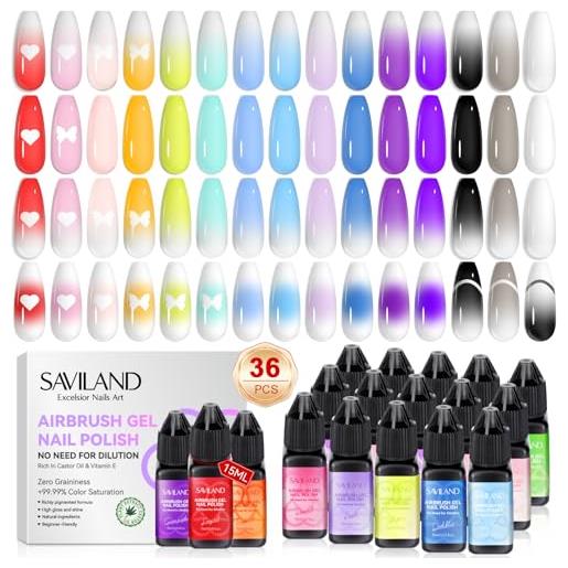 Saviland smalto in gel per aerografo kit: 36 colori di smalto gel aerografo 15ml per sfumature, fard, french manicure, manicure a strati, senza diluizione, per casa, fai da te e salone