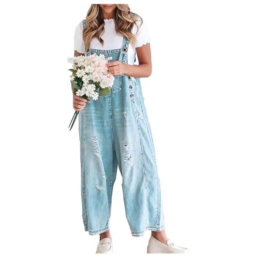 Vanchenl tuta da donna vintage, casual, in denim, larga, larga, regolabile, con pantaloni, azzurro, s