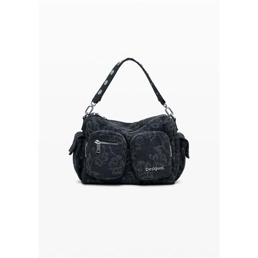 Desigual borsa media in denim ricamata con multi-tasche