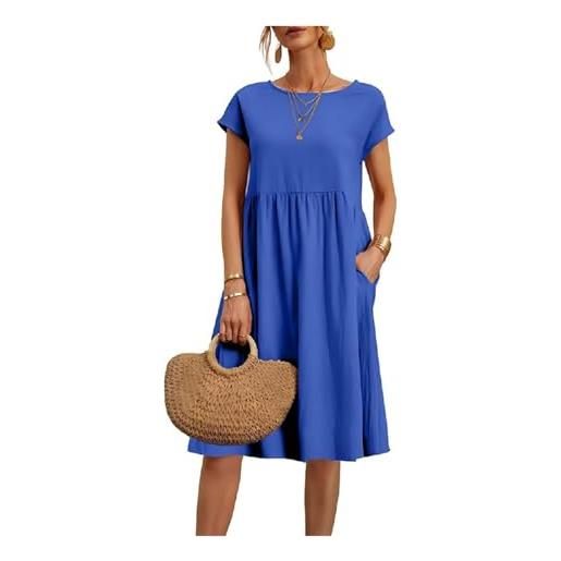 ERICAT dresses for women summer plus size short sleeves cotton linen midi dress trendy casual loose beach sundress(blue, 2xl)