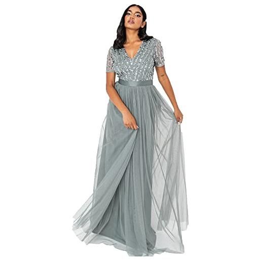 Maya Deluxe women's maxi dress ladies bridesmaid v-neck ball gown short sleeves long elegant empire waist wedding vestito, soft grey, 28 donna
