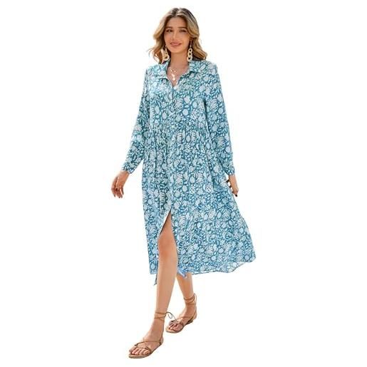 R.Vivimos donna estate manica lunga midi abito boho florale cotone fit sciolto abiti camicia con tasche(m, darkblue)