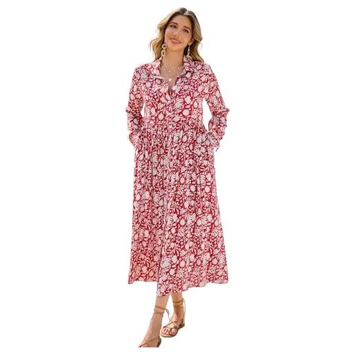 R.Vivimos donna estate manica lunga midi abito boho florale cotone fit sciolto abiti camicia con tasche(xl, red)