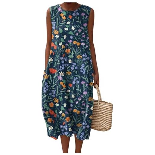 Mfhmom vestito mussola donna estivo senza maniche abito da spiaggia in lino vestiti estivi con scollo rotondo abito boho stampa floreale vintage abiti leggero e comodo vestito midi arioso con tasche