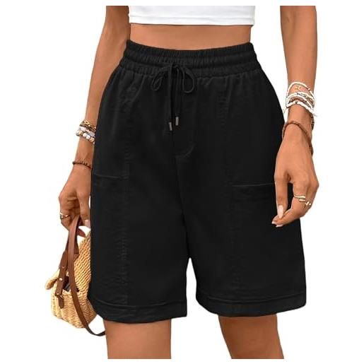 HOTIAN bermuda pantaloncini da donna lunghi elastici a vita alta gamba larga pantaloni corti estivi cotone casual pantaloni sportivi con tasche, marrone, m