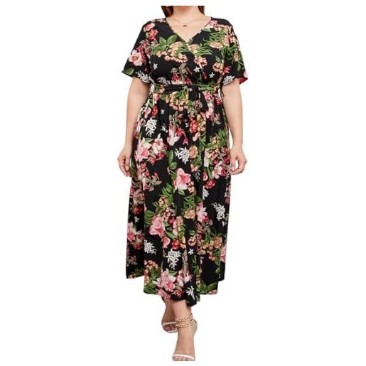 BWGHBH vestito lungo da donna elegante abito stampato con scollo a v abito estivo casual taglie forti (nero. M)
