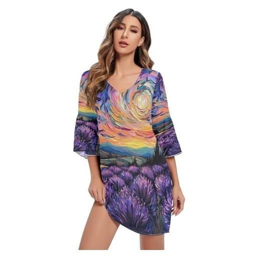 RPLIFE lupo colorato chiffon scollo a v abito fluido abito swing partito vestito, campi di lavanda, l