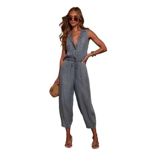 SaiDeng salopette da donna in denim lungo, comoda tuta elasticizzata con tasche, vita regolabile e bretelle, pantaloni estivi in cotone, blu, xl