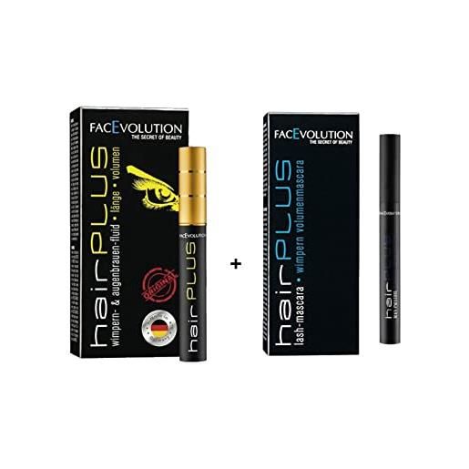 Facevolution, fluido per la crescita delle ciglia hairplus da 4,5 ml e mascara hairplus di colore nero da 6 ml (etichetta in lingua tedesca)