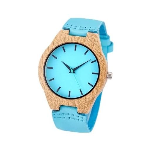 Orologio In Pelle E Legno Creative Blue – Bracciale Stile Legno Naturale Per Uomo E Donna, Orologio Da Coppia
