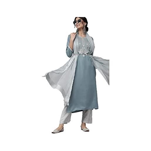 Vastraghar kurta set da donna con dupatta party wear indiano kurti tunica top set per le donne con pantaloni palazzo pantaloni, blu e grigio. , large