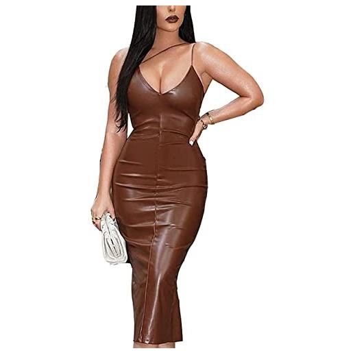 Pkfinrd abito aderente da donna sexy in pelle senza maniche con spalline sottili e senza maniche con orlo a fessura per feste cocktail club midi (colore marrone, taglia: small)