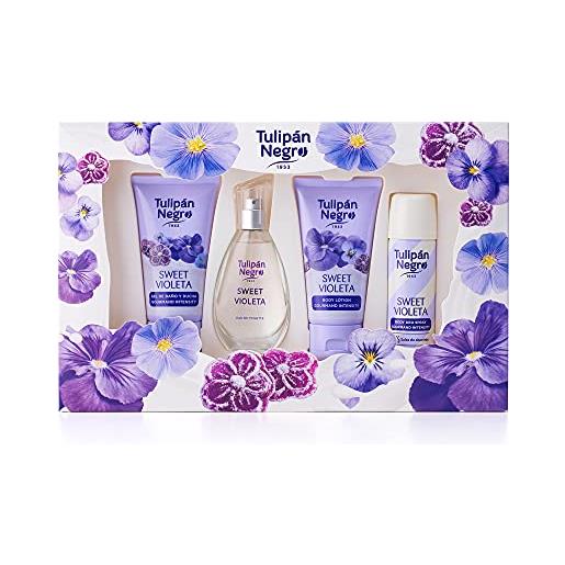 TULIPAN NEGRO tulipano nero - sweet viola, confezione regalo unisex, colonia 50 ml + lozione per il corpo 75 ml + gel da bagno 75 ml + deodorante spray 50 ml, fragranza dolce e floreale a lunga durata