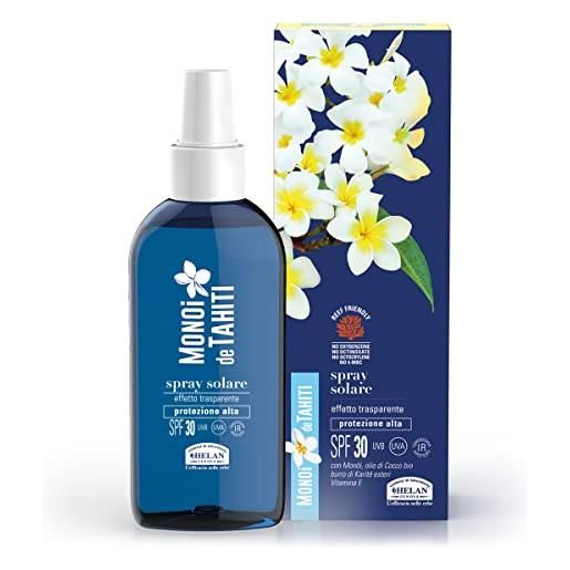 Helan, monoï de tahiti - spray solare 30 corpo trasparente, sunscreen con olio di cocco, burro di karitè puro esteri e vitamina e, protezione solare 30 spf media contro uva non unge non macchia 150 ml