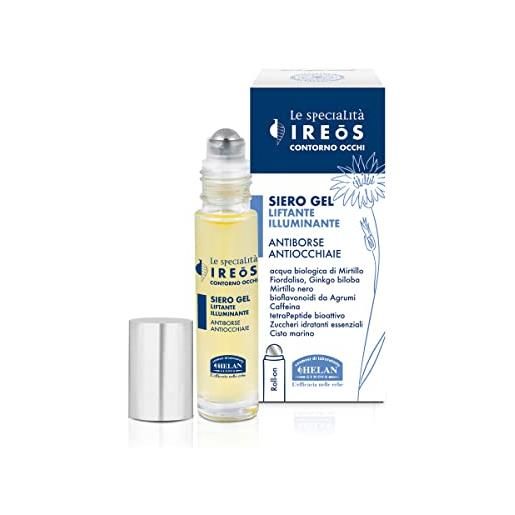 Helan, ireos - contorno occhi occhiaie effetto lifting, siero contorno occhi e borse sgonfiante in formula gel con fresco roll on in acciaio - prodotto skincare illuminante antiage con caffeina, 10 ml