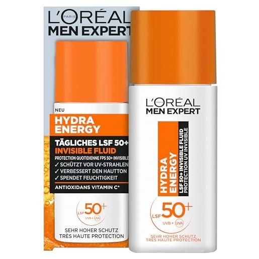 L'Oréal Paris men expert l'oréal men expert protezione solare uv spf 50 per uomo, fluido invisibile per il viso contro i raggi solari, crema solare da uomo spf 50+ contro l'invecchiamento della pelle con vitamina c, hydra