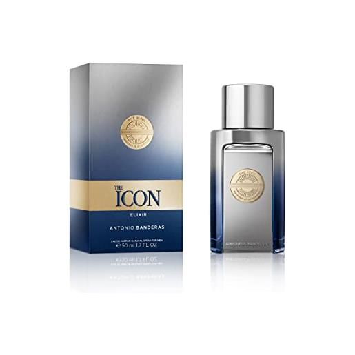 Banderas the icon elixir by Banderas eau de parfum per uomo, lunga durata, profumo fresco, elegante e sensuale, note speziate, marine e legnose, adatto da indossare nelle occasioni speciali, 50 ml